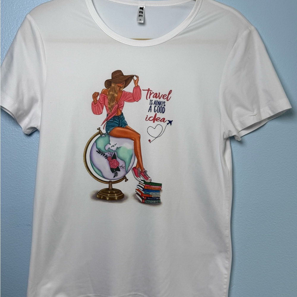 White Short Sleeve Travel Graphic Tee with Pink Accents